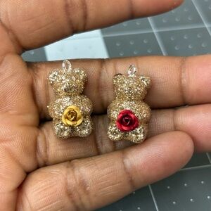 Gold Glitter Bear Charms with Red and Gold Roses